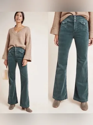 Pilcro and the Letterpress Green Corduroy High Rise Trouser Bootcut Pants Sz 28 thumbnail 2