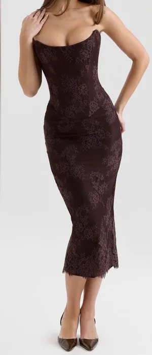 NEW House Of CB LARRA Bitter Chocolate Lace Corset Midi Dress sz XS thumbnail 1