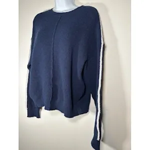 Navy Blue Sweater White Sleeve Stripe Ribbed Knit Crewneck Coastal‎ Nautical thumbnail 3