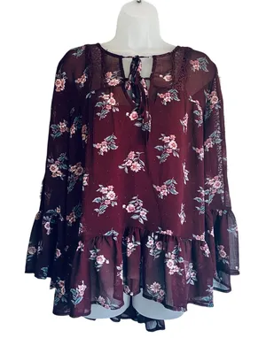 American Eagle Floral Boho Peasant Blouse XL Burgundy Bell Sleeve Lace Tie Neck thumbnail 1