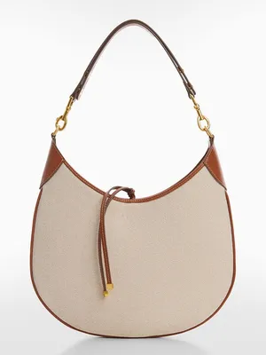 Mango MNG NWOT cognac brown leather Canvas Hobo Shoulder Bag in Beige and Brown thumbnail 1