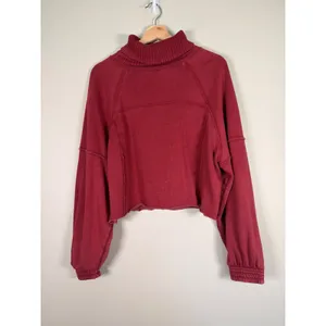 Aerie Womens Burgundy Cropped Mock‎ Neck Sweatshirt Raw Hem FK4556SH Red Small thumbnail 2