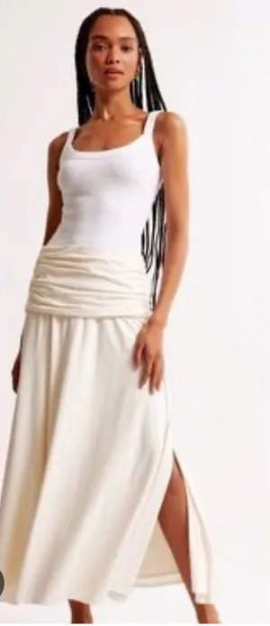 Abercrombie & Fitch Fold over Ruched Waist Maxi Skirt Cream White XL Petite NEW thumbnail 1