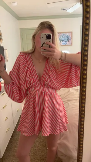 Pink and white striped romper thumbnail 1