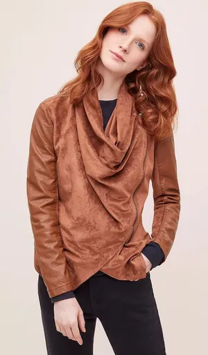 Blank NYC Suede & Leather Mixed Media Drape Front Jacket in Cognac Brown Size Sm thumbnail 1