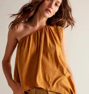 We The Free Free People Pleated Spring Break One Shoulder Top Rust Brown NWOT M thumbnail 1