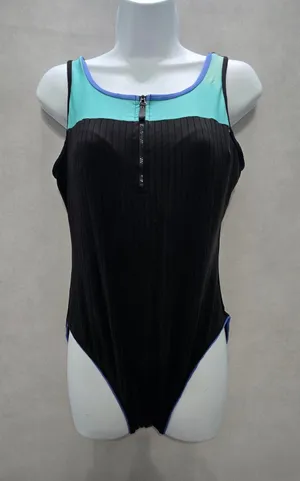 Black One Piece Swimsuit Quarter Zip 90s Vintage Resort Beach Goth Ribbed Large thumbnail 1
