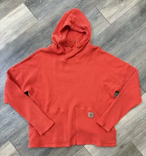 Carhartt Womens Large Relaxed Fit Waffle Knit Hoodie Orange Pullover Thermal thumbnail 1