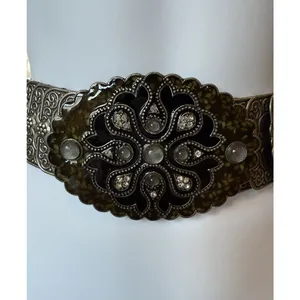 Belt OSFM Metal Silver Tone Elastic Stretch Oval Buckle w/ Enamel & Bling Vtg thumbnail 7