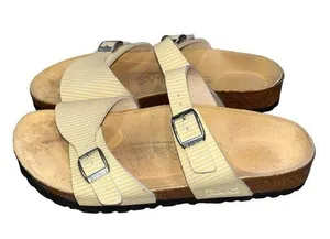 Birkenstock Birki's Aziza Yellow & White Two Strap Slides Sandals 39 8 Narrow thumbnail 1