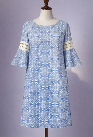 Luxology Blue White Mandala Print Bell Sleeve Dress Women's XL‎ thumbnail 1