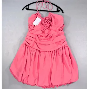Lucy Paris Pink Ruched Bubble Hem Mini Dress Halter Detachable Flower XL thumbnail 1