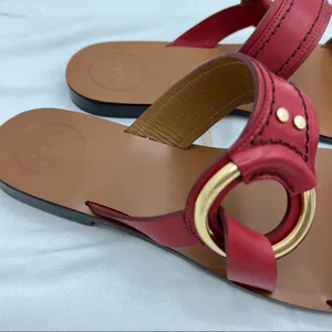 CHLOE Demi Leather Slide Flat Sandals Size EU 39.5 US 9.5 Red Tan Gold hardware thumbnail 4
