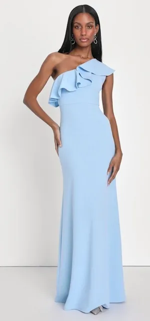 NWT Lulus Last Forever Powder Blue One-Shoulder Ruffle Maxi Dress Banquet Sz XL thumbnail 1