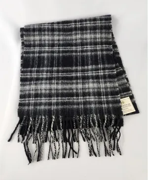 NWT John Hanly & Co Woven in‎ Ireland 100% Lambswool Scarf Black Plaid Fringe thumbnail 1