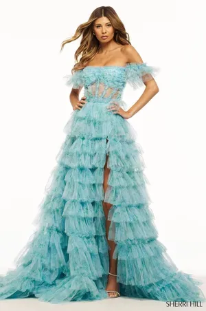 NWT‎ Sherri Hill 56074 Aqua Print Ruffle Corset Slit Gown Size 0 thumbnail 1