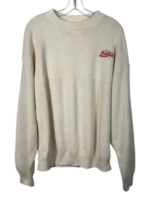 Vintage 80s Velva Sheen Cream Embroidered Coca Cola Knit Pullover Sweater Large thumbnail 1