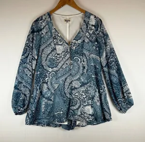 Show‎ Me Your Mumu Blue Paisley Print Bailey Back Tie Romper Long Sleeve XS thumbnail 1