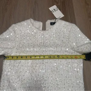 Zara White & Silver Sequin Tweed Short Sleeve Mini Dress - Size XS thumbnail 4