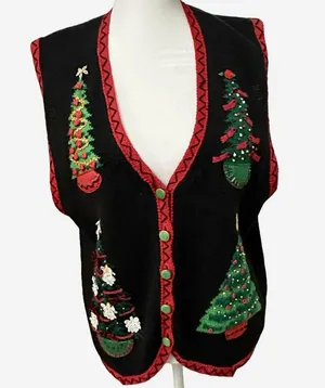 VINTAGE Ugly Christmas Tree Sweater Vest Lrg Holiday Grandma CottageCore Novelty thumbnail 1