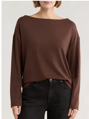 NWT AllSaints Rita Boat Neck Long Sleeve Top Medium BITTER BROWN thumbnail 2