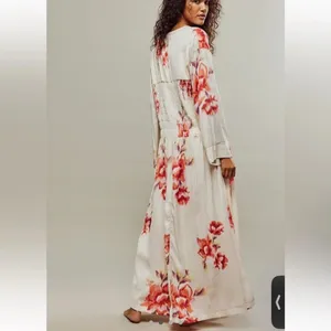 Free People Bright Blooms Maxi Robe M Boho Floral Tie Front Flowy Duster Kimono thumbnail 2