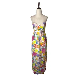 FORE Maxi Dress Women Large White Yellow Strapless Fruit Floral Tie Back Boho thumbnail 2