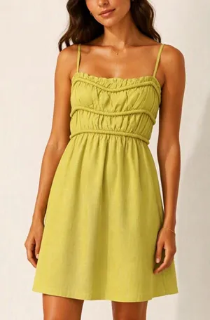 Papermoon Chartreuse Mini Dress Square Neck Smocked Ruffle Braid Zip Spaghetti M thumbnail 1