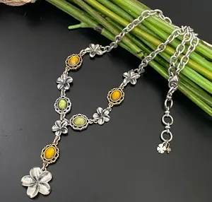 LUCKY BRAND Silver-tone Chain Flower Cabochon Y-Necklace 31g thumbnail 2