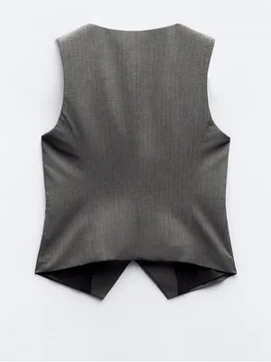 Zara Gray Pinstripe Tailored Asymmetrical Vest Sz L Quiet Luxury Old Money Core thumbnail 3