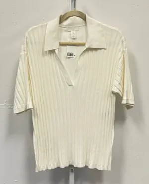 NWY H&M Women's‎ Cream Ribbed Knit Polo Shirt Short Sleeve V-Neck Top Size Small thumbnail 1