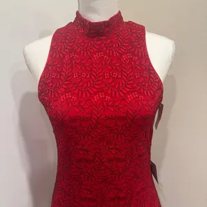Dress the Population Nora Lace Halter Midi‎ Dress Red Black NWT Large Cocktail thumbnail 8