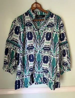 Liza Byrd Womens M Turquoise Navy Blue Print Long Sleeve boho tunic top Ikat thumbnail 1