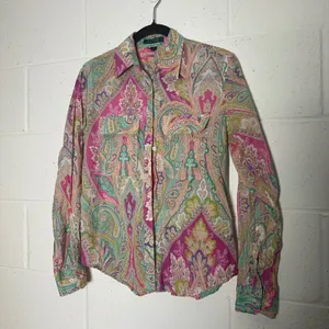 Lauren Ralph Lauren Womens Pink Multi Paisley Cotton Button Down Shirt Small thumbnail 2