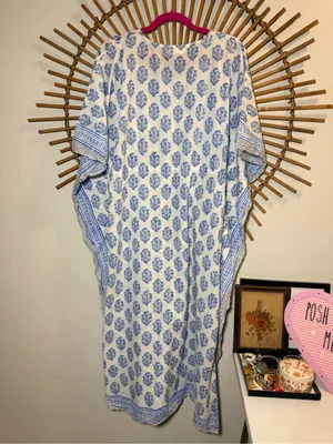 Summerhouse Womens White and Blue Block Print Caftan Cover Up Swim Vacation OS thumbnail 8