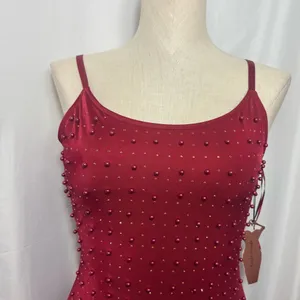 Elegant Red Beaded Dress bodycon party Valentines dark ruby spaghetti strap S thumbnail 2