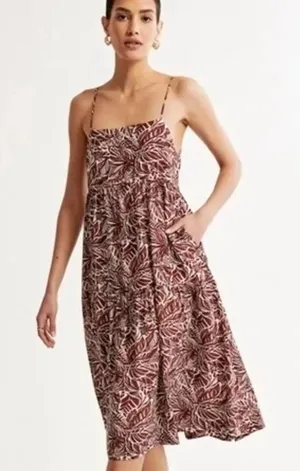 Abercrombie & Fitch Brown White Floral Trapeze Midi Sun Dress NWT Size M thumbnail 1