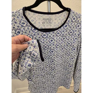 ​Hang Ten Large Blue White Mosaic Tile Long Sleeve Sun Shirt Back Zip Pocket L thumbnail 2
