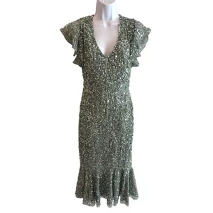 NWT $398 Mac Duggal Sequin‎ Midi Dress 2 Sage Green Flutter Sleeve Trumpet 10801 thumbnail 3