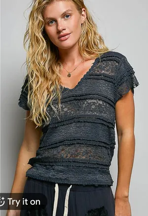 POL V-NECK LACE SHORT SLEEVE TOP Grey Size Large thumbnail 1