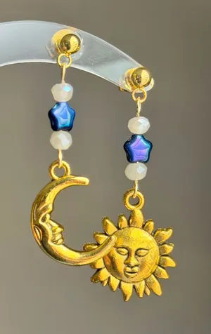 Handmade gold tone moon & sun boho fairly retro hippie dangle earrings 🌞🌙✨ 🍃 thumbnail 1