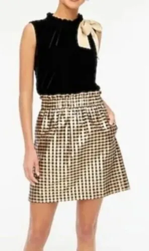 J.Crew Mini Skirt L Gold Metallic Gingham BM055 Holiday Party Glam Pull On thumbnail 1