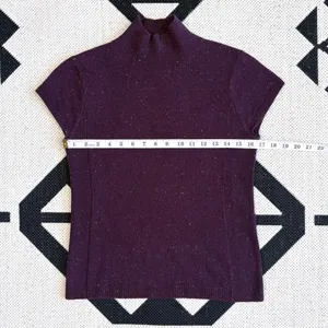 Worth Flecked Cap Sleeve Mockneck Wool Cashmere Sweater Dark Purple Small thumbnail 2