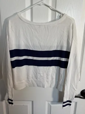 Garage White Knit Sweater Top with Navy Stripes XS NWT thumbnail 2