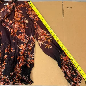 🍁 Warm New York‎ Floral Semi Sheer Neck Tie Blouse Burgundy Long Sleeve Elastic thumbnail 15