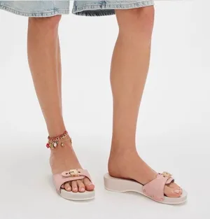 Dr. Scholl's Pale Pink Slide Mules with Gold Buckle thumbnail 1