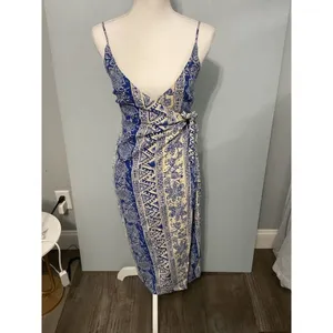 Urban Outfitters Women Midi Dress Blue White Paisley Floral Faux Wrap Small thumbnail 2