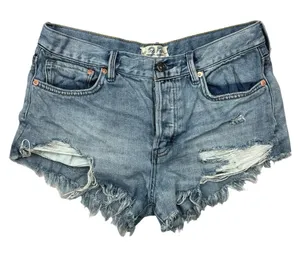 Free People We The Free Blue Medium Wash Distressed High Rise Jean Short Size 27 thumbnail 1