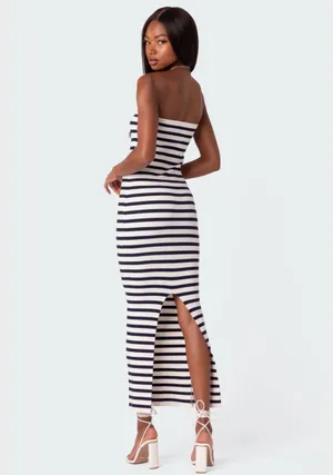Edikted Maxi Dress Stripe Navy White Knit thumbnail 2