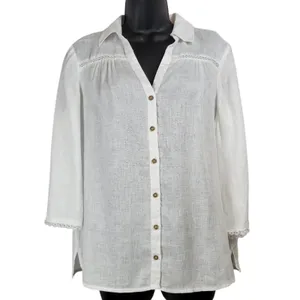 Vince Camuto White Linen Blend 3/4 Sleeve Button Down Top Womens‎ Size S thumbnail 3